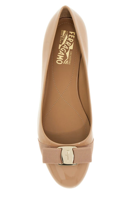 FERRAGAMO Tan Patent Leather Ballet Flats with Vara Bow for Women