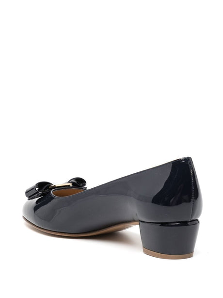 FERRAGAMO Blue Patent Leather Pumps with Gold Plaque and Vara Bow