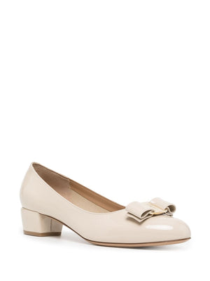 FERRAGAMO Oatmeal Vara Leather Pumps with Almond Toe and Vara Bow Detail