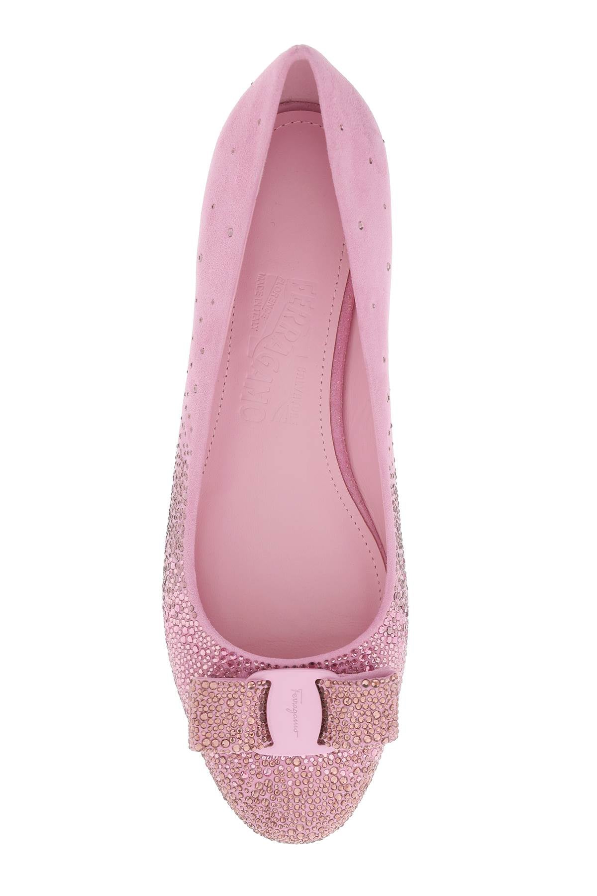 FERRAGAMO Pink Suede Dégradé Ballerina Flats with Vara Bow and Crystals for Women