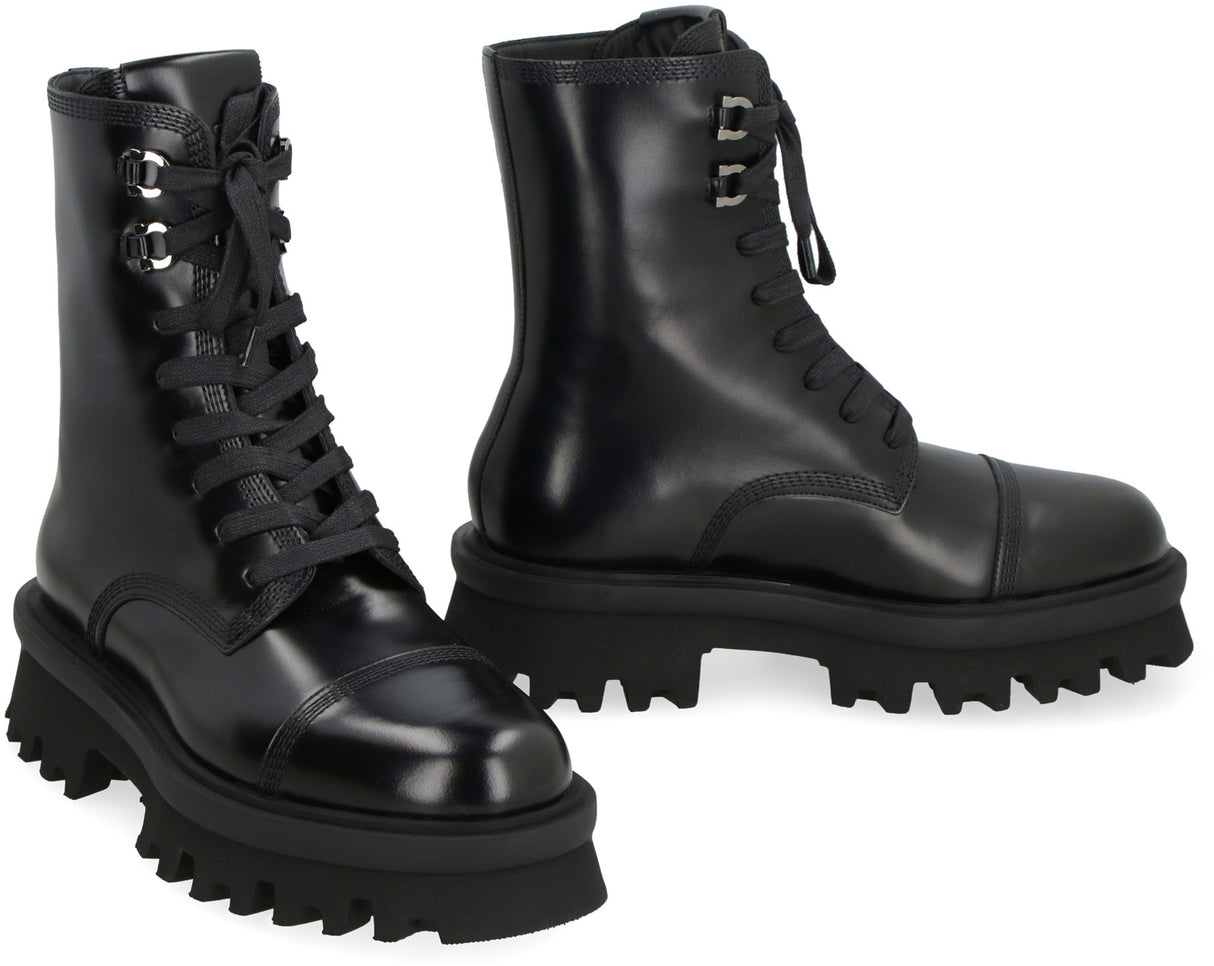 FERRAGAMO Combat Boots with Brushed Calfskin, Lug Sole and String Closure for Women in Black - FW23 Collection