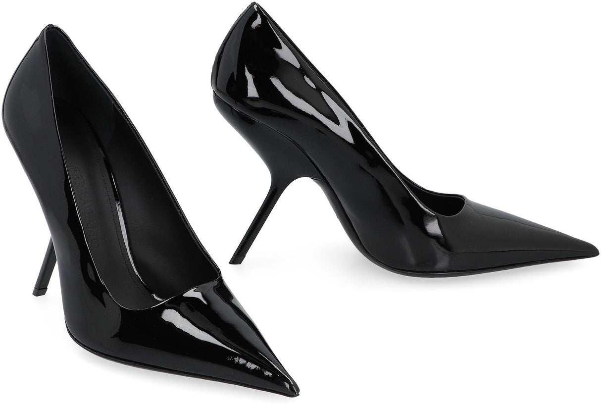 FERRAGAMO Elegant Patent Leather Pointy Toe Stiletto Pumps