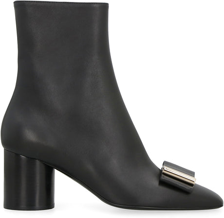 FERRAGAMO Black Leather Ankle Boots with Vara Front Bow for Women
