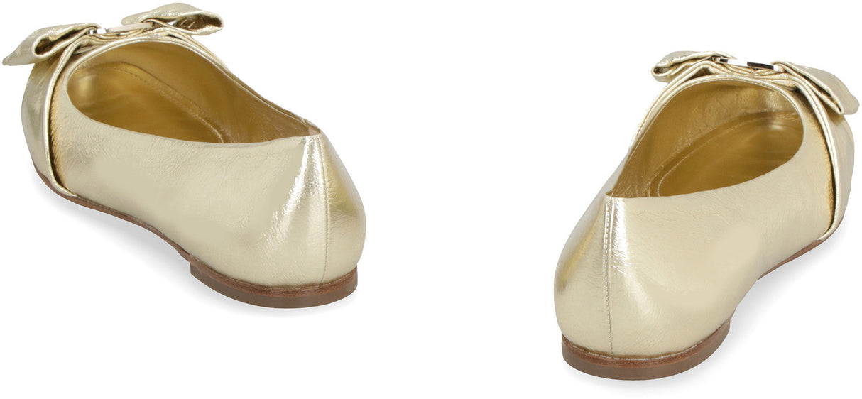 FERRAGAMO Gold Metallic Leather Ballet Flats with Vara Bow and Round Toe for Women