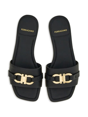 FERRAGAMO Gancini Hook Leather Flat Sandals