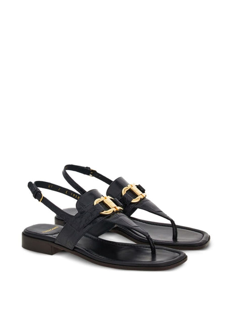 FERRAGAMO Black Leather Thong Sandals with Gold-Tone Gancini Hook Buckle - Women's