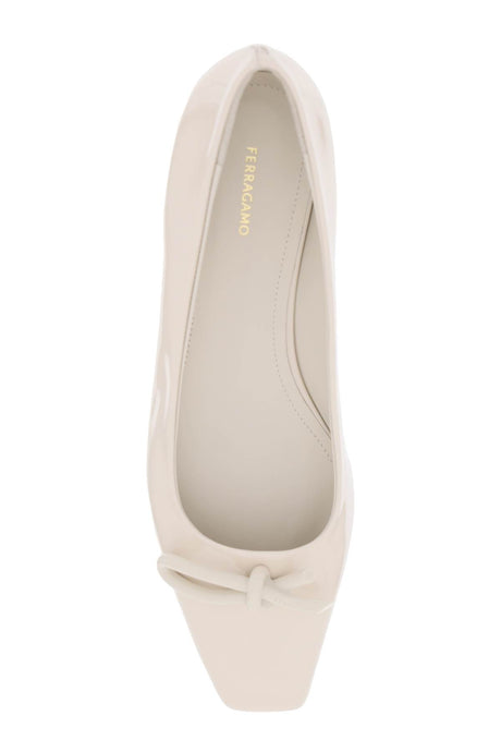 FERRAGAMO White Patent Leather Ballet Flats with Asymmetrical Bow for Women