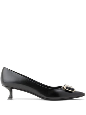 FERRAGAMO Black Leather Signature Vara Bow Detail Kitten Heel Pumps