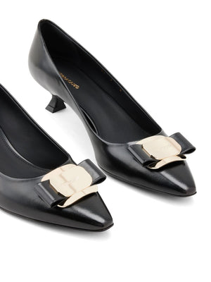 FERRAGAMO Black Leather Signature Vara Bow Detail Kitten Heel Pumps