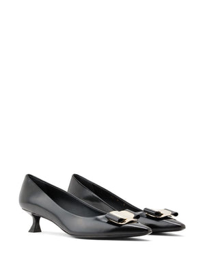 FERRAGAMO Black Leather Signature Vara Bow Detail Kitten Heel Pumps