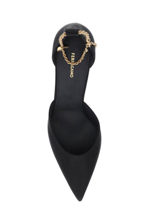 FERRAGAMO Elegant Black Silk Pumps with Gold Chain for Women