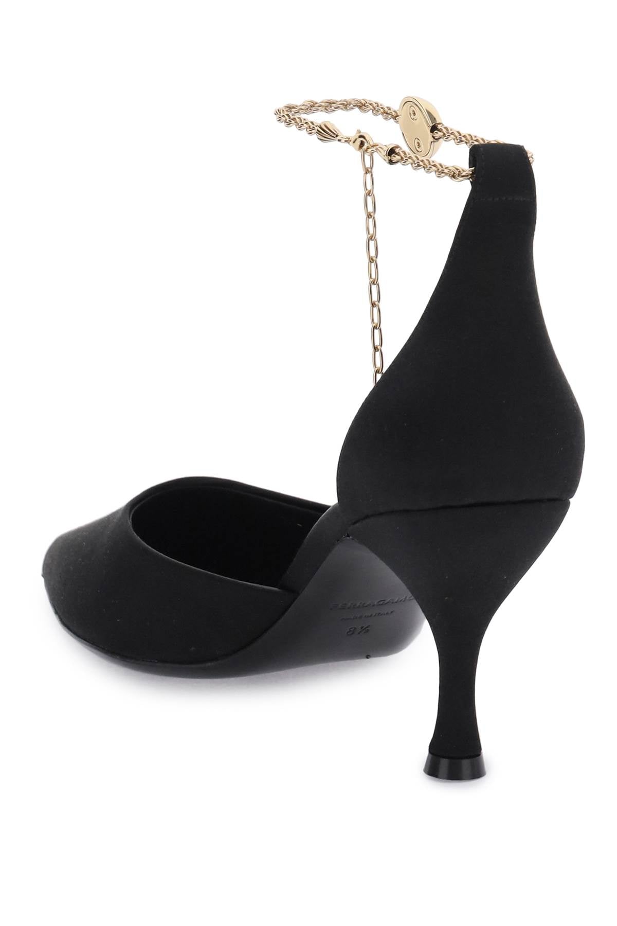 FERRAGAMO Elegant Black Silk Pumps with Gold Chain for Women