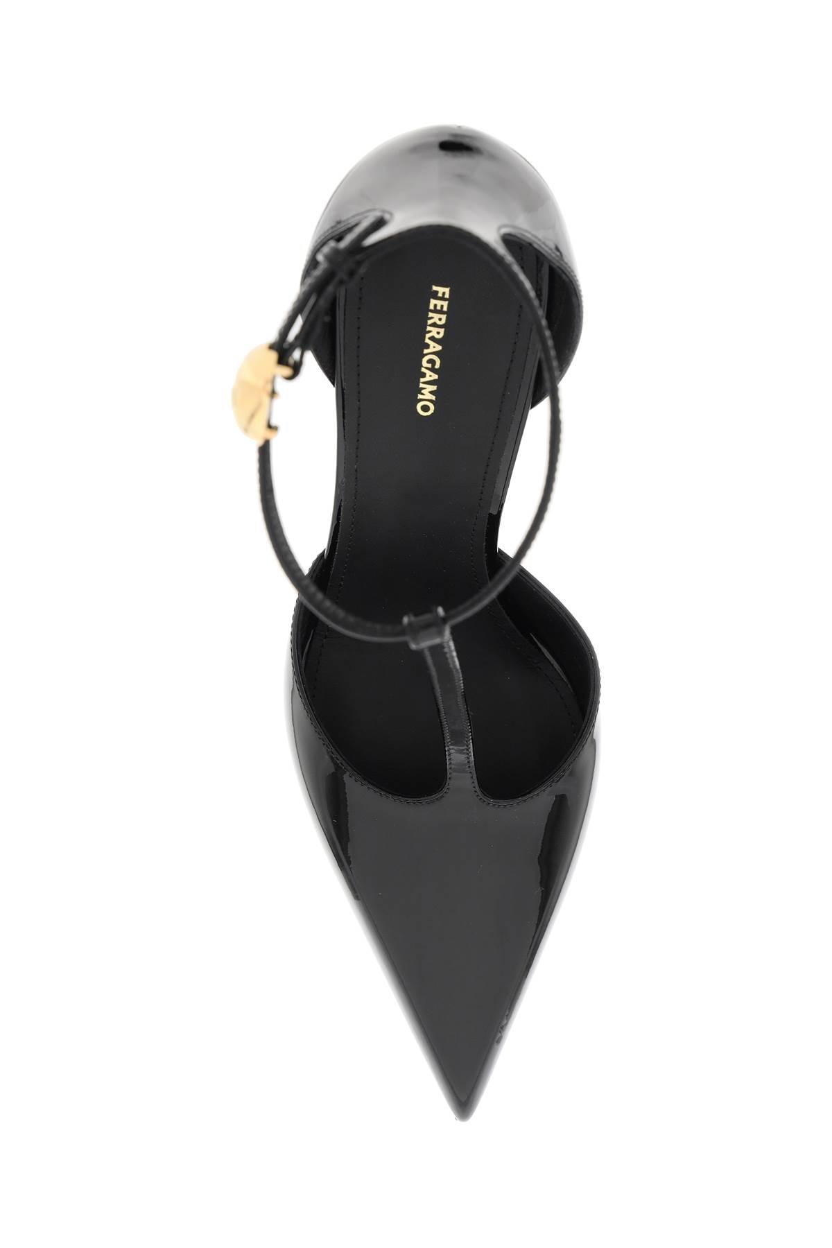 FERRAGAMO Black T-Strap Pumps with Patent Leather and Curved Heel for Women - SS24