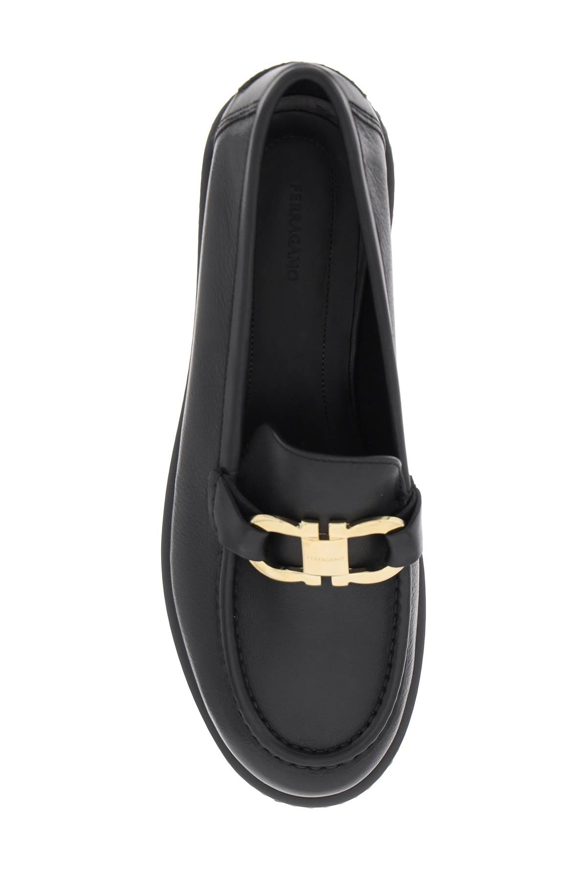 FERRAGAMO Gancini Hook Buckle Loafers in Black- Women's Grained Leather Moccasins