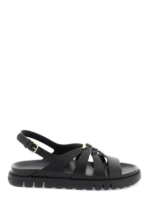 FERRAGAMO Glamorous Black Flatform Sandals for Women with Golden Gancini Hook Ornament