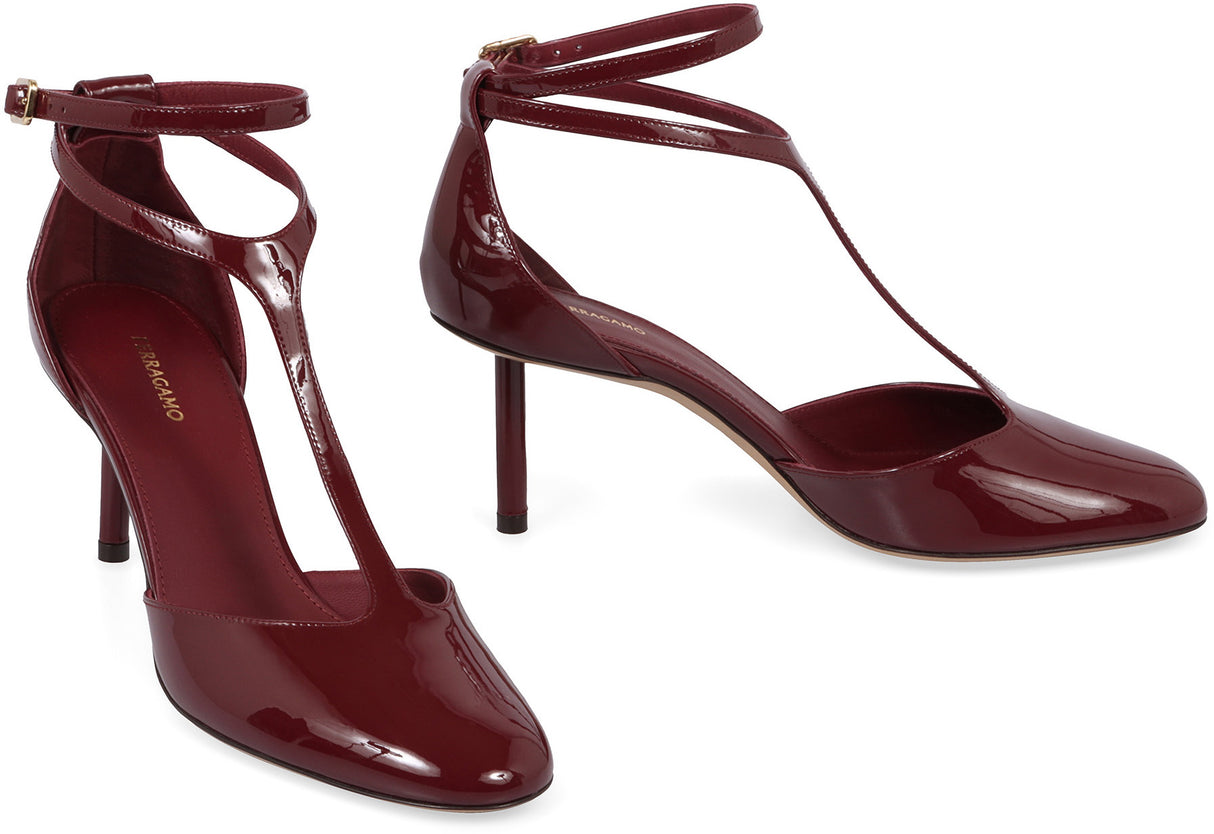 Ferragamo Patent Leather T-Strap Pumps with Adjustable Ankle Strap