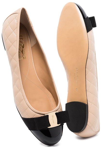 FERRAGAMO Blush Pink Quilted Leather Ballet Flats with Gold Buckle Detail