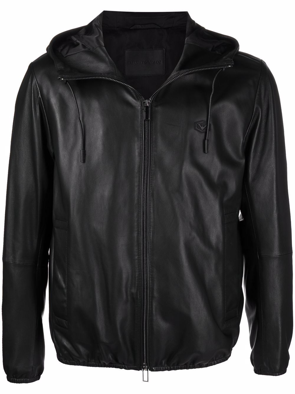 EMPORIO ARMANI Luxury Black Leather Hooded Jacket