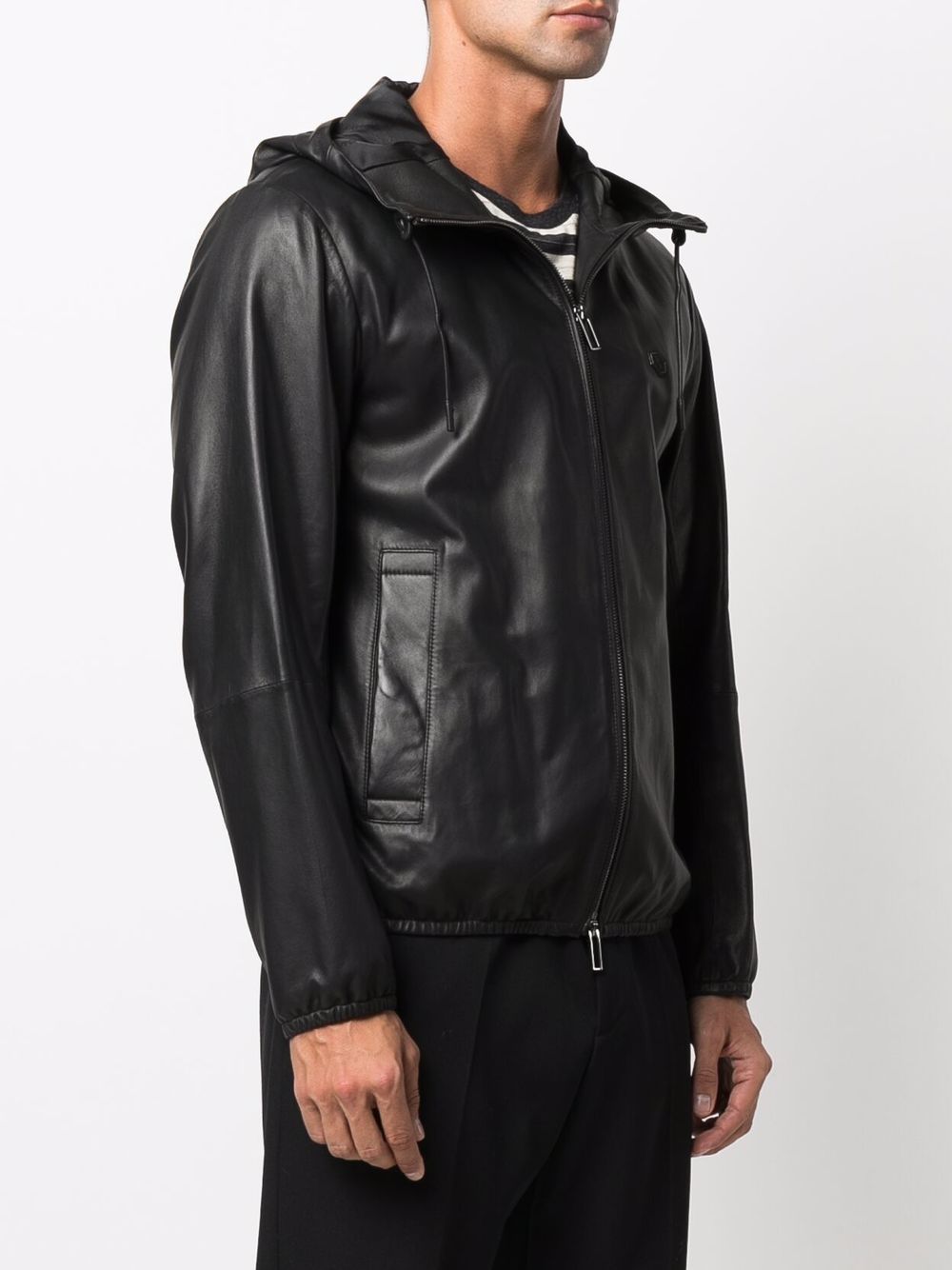 EMPORIO ARMANI Luxury Black Leather Hooded Jacket