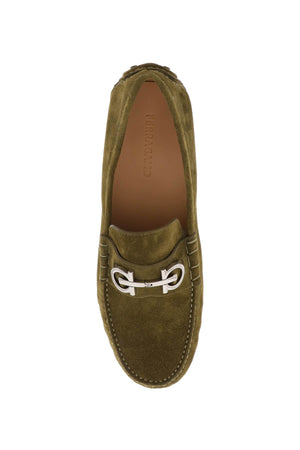 FERRAGAMO Green Suede Loafers with Iconic Silver Hook Detail for Men