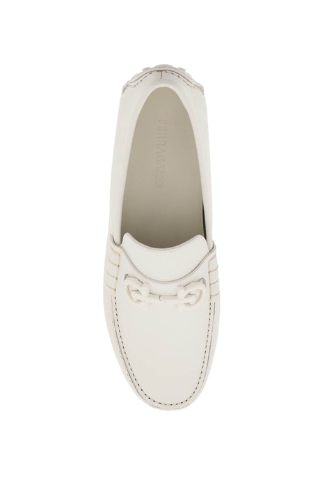 FERRAGAMO White Leather Loafers with Iconic Gancini Hook Detail for Men