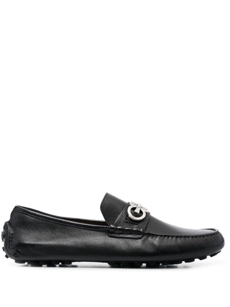 FERRAGAMO Men's Black Leather Gancini Hook Almond Toe Drivers