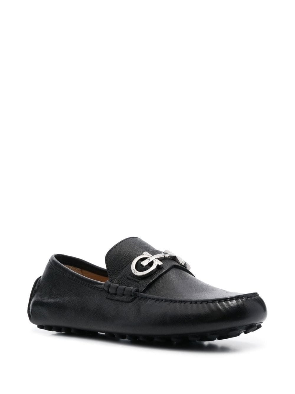 FERRAGAMO Men's Black Leather Gancini Hook Almond Toe Drivers