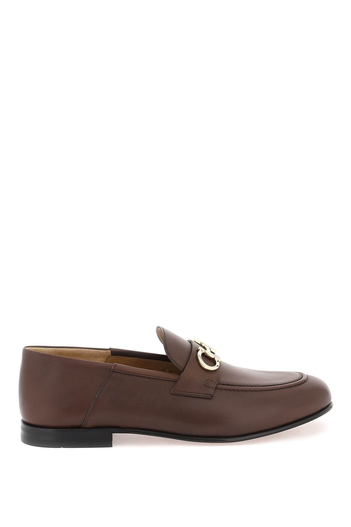 FERRAGAMO Smooth Leather Loafers with Iconic Gold Gancini Hook Detail