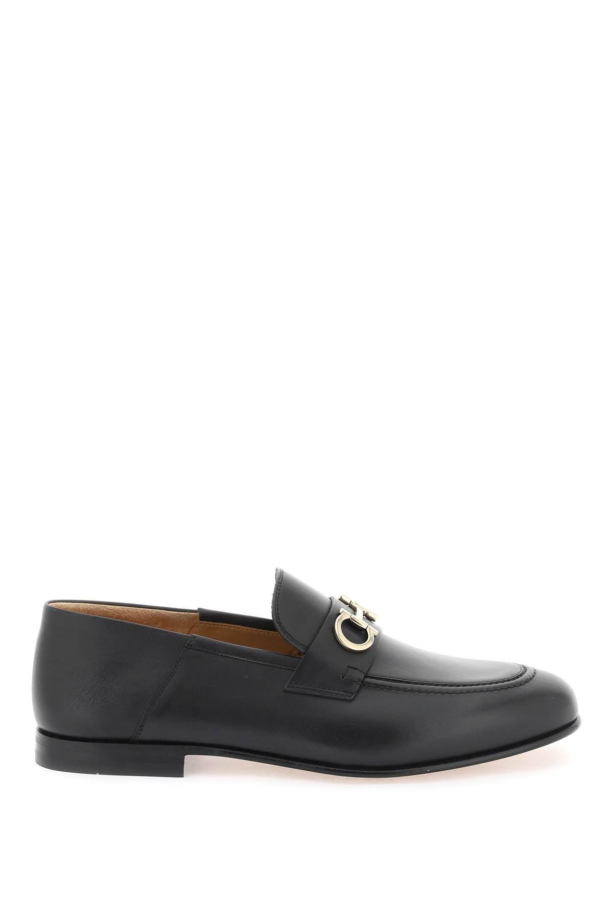 FERRAGAMO Smooth Leather Loafers with Iconic Gold Metal Detail for Men