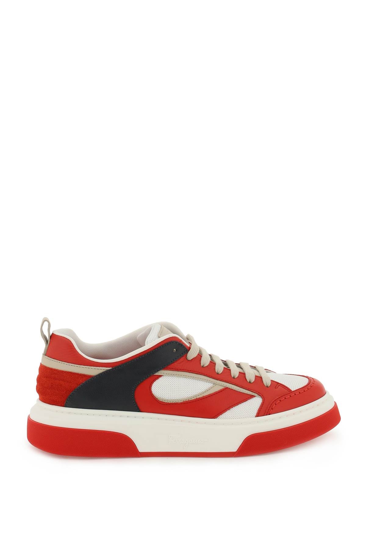 FERRAGAMO Men's Leather and Fabric Sneaker with Contrasting Inserts
