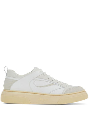 FERRAGAMO Men's White Leather Sneakers with Panel Design and Logo Details