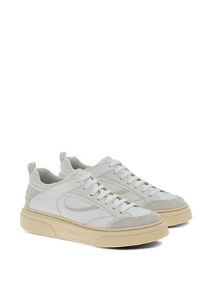 FERRAGAMO Men's White Leather Sneakers with Panel Design and Logo Details