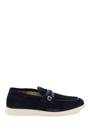 FERRAGAMO Blue Suede Moccasins with Gancini Hook Detail for Men