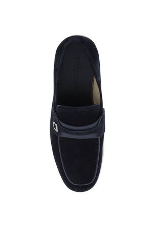 FERRAGAMO Blue Suede Moccasins with Gancini Hook Detail for Men