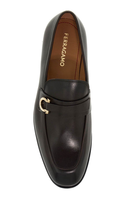 FERRAGAMO Tonal Metal Hook Smooth Leather Loafers for Men in Brown