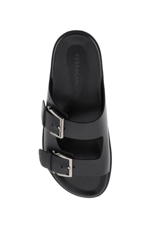 FERRAGAMO Men's Black Leather Slide Sandals with Gancini Hook Buckle - Fall/Winter 2024