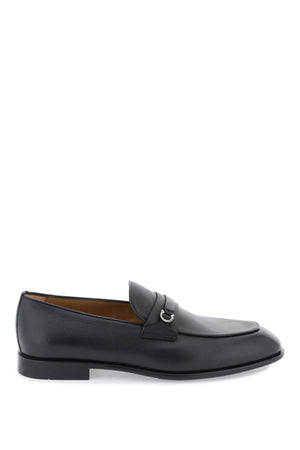 FERRAGAMO Men's Black Leather Loafers with Ruthenium Gancini Hook Detail