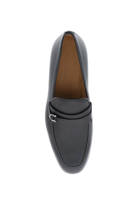 FERRAGAMO Men's Black Leather Loafers with Ruthenium Gancini Hook Detail