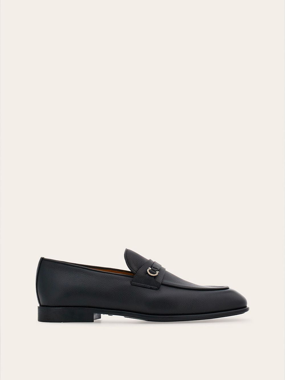 FERRAGAMO Men's Black Leather Loafers with Ruthenium Gancini Hook Detail