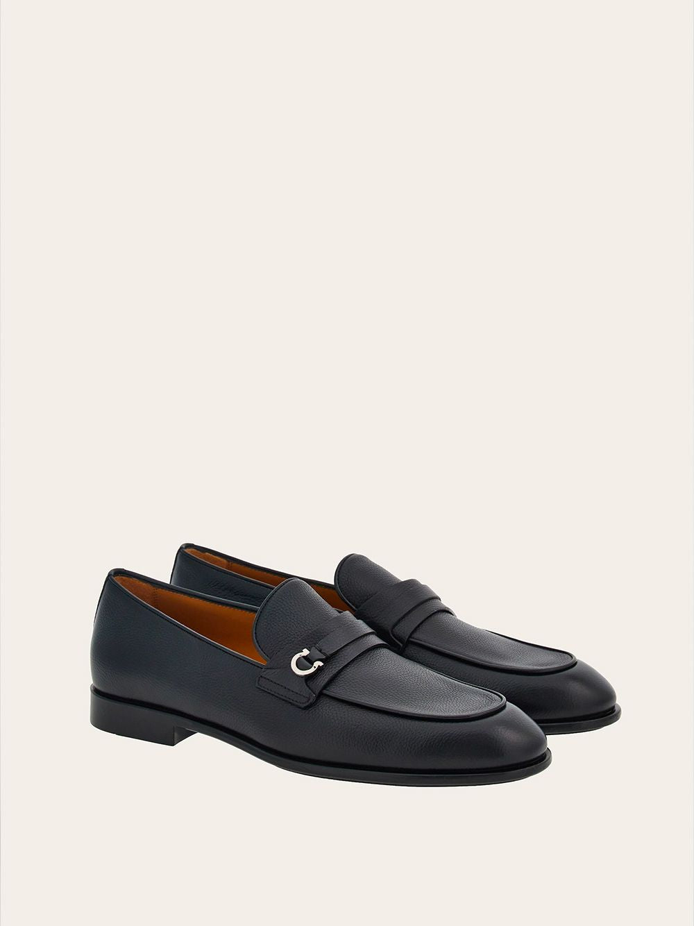 FERRAGAMO Men's Black Leather Loafers with Ruthenium Gancini Hook Detail