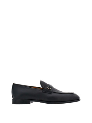 FERRAGAMO Men's Black Leather Loafers with Ruthenium Gancini Hook Detail