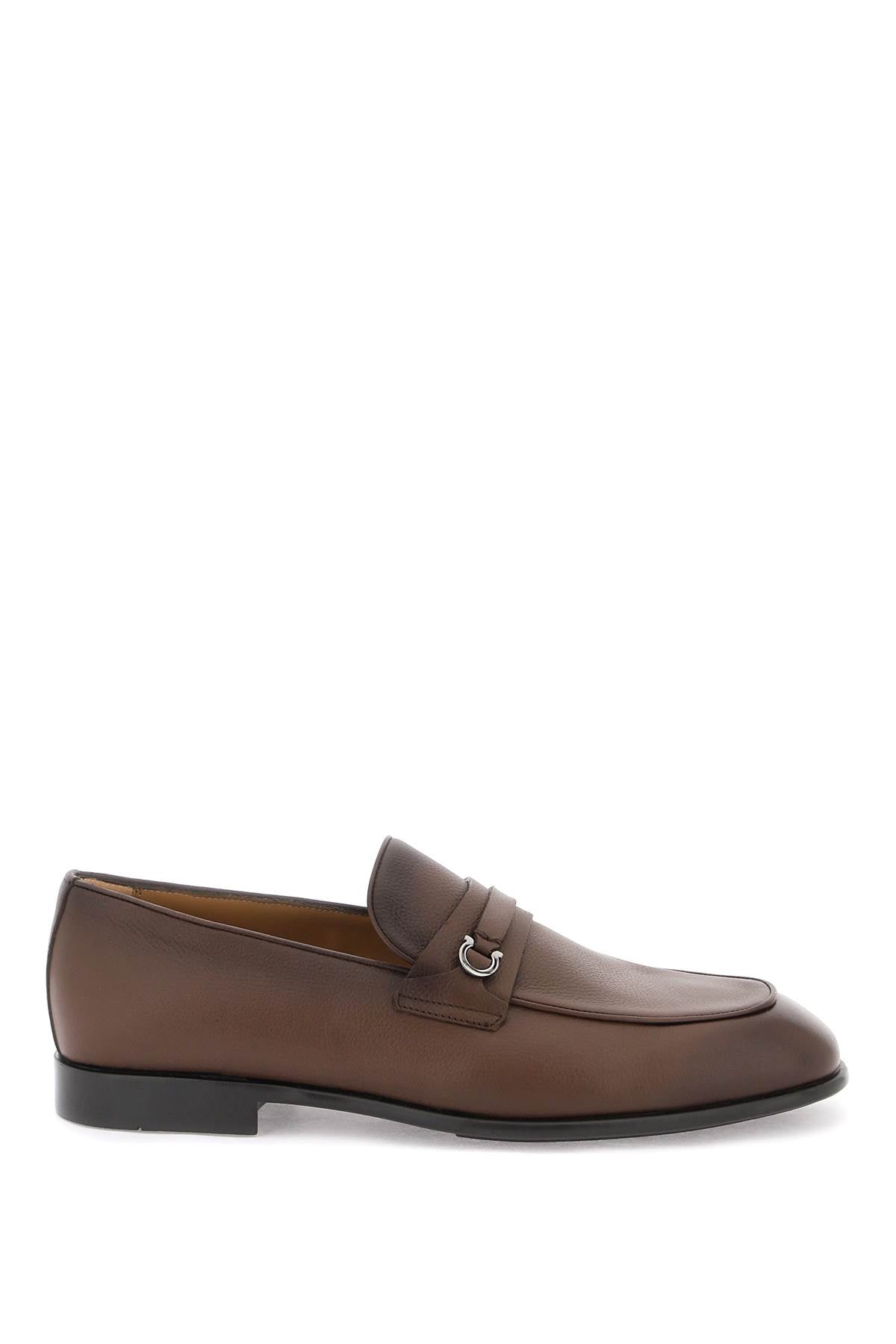 FERRAGAMO Gancini Hook Moccasins for Men - Grained Leather, Ruthenium-Finished Metal Detail, EEE Width (Brown)