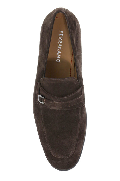 FERRAGAMO Classic Brown Suede Moccasins for Men with Timeless Metal Detail