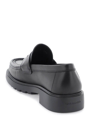 FERRAGAMO Men's Black Leather Moccasins with Embossed Logo Detail