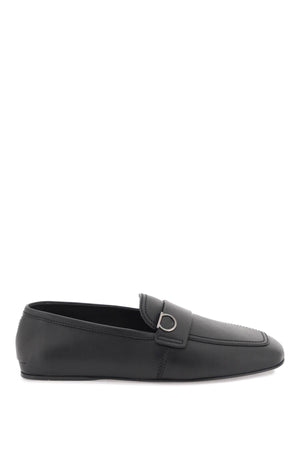 FERRAGAMO Black Leather Moccasins for Men with Iconic Metal Ganici Detail