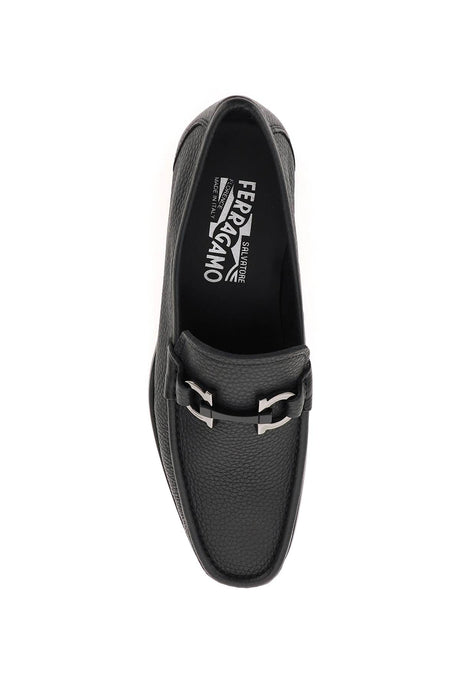 FERRAGAMO Elegant Hammered Leather Loafers with Gancini Hook Buckle for Men - Black