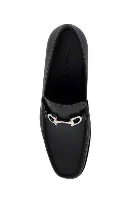FERRAGAMO Classic Leather Moccasins with Silver Gancini Hook - EEE Width