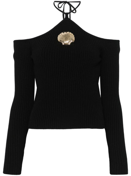 GIUSEPPE DI MORABITO Black Merino Wool Halterneck Sweater with Seashell Brooch