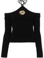 GIUSEPPE DI MORABITO Black Merino Wool Halterneck Sweater with Seashell Brooch