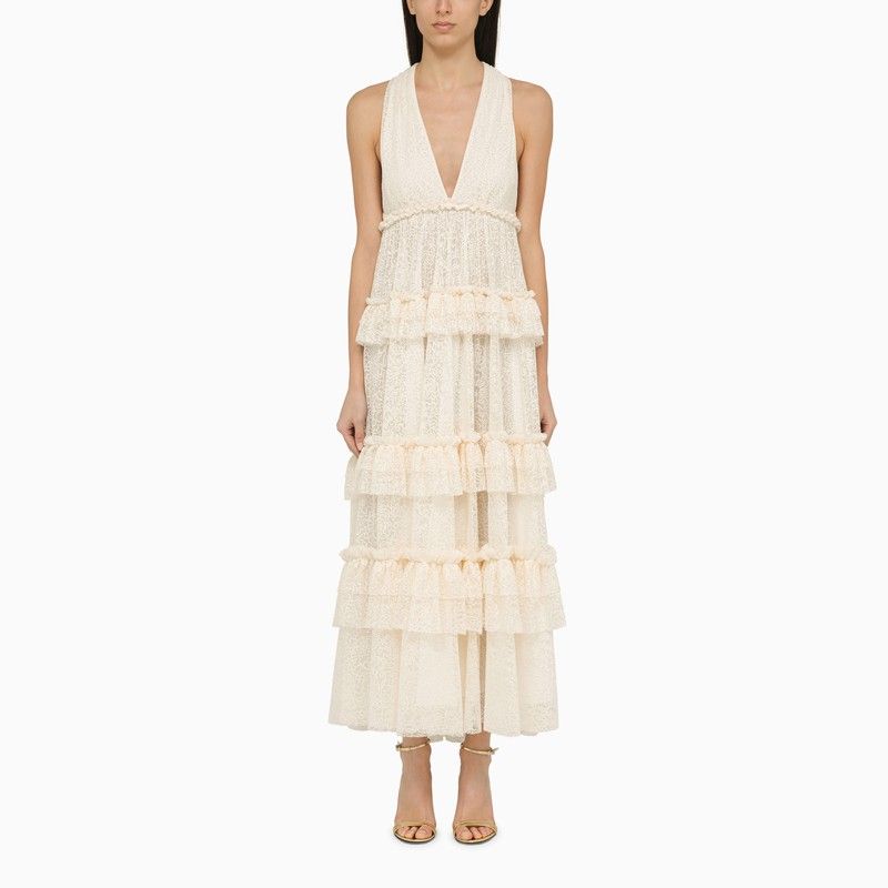 PHILOSOPHY DI LORENZO SERAFINI White Lace Flounced Long Dress for Women - SS24 Collection